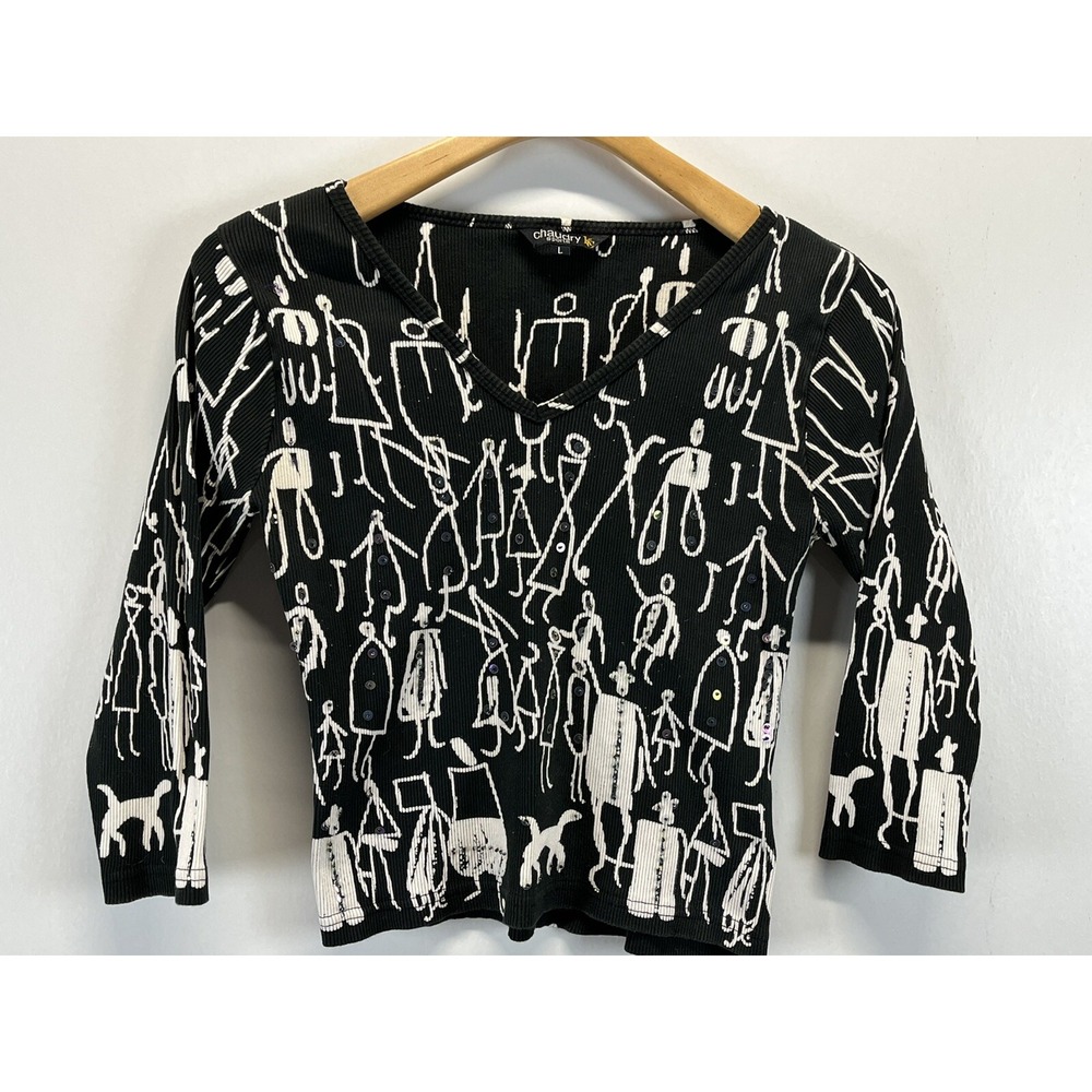 Vintage Chaudry Sports Ribbed Crop Shirt Sz Large Graphic Black White Artsy Y2K